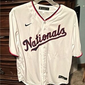 Mens Nike XL White Nationals Baseball Jersey with Red and Navy Trim